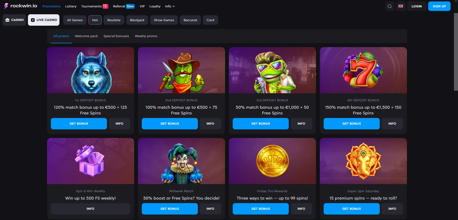 Rockwin bonuses page showing the five-deposit welcome package and its promo codes