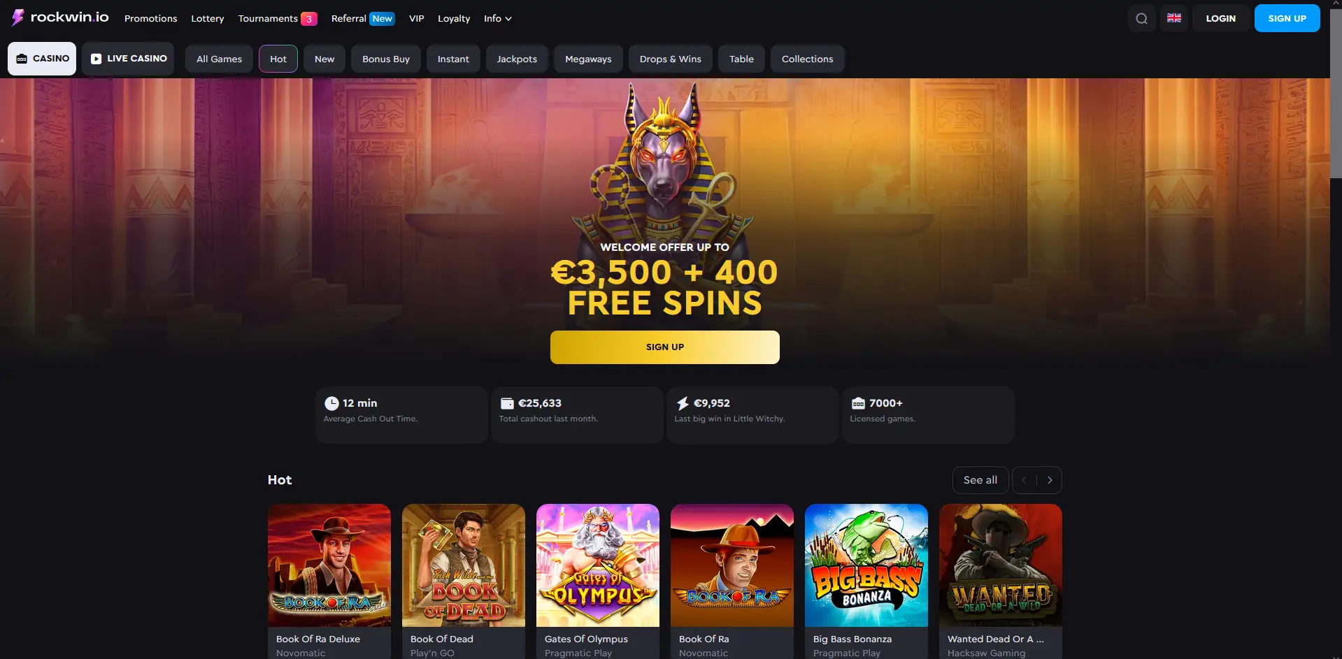 Rockwin Casino Australia homepage with pokies lobby and AUD welcome bonus