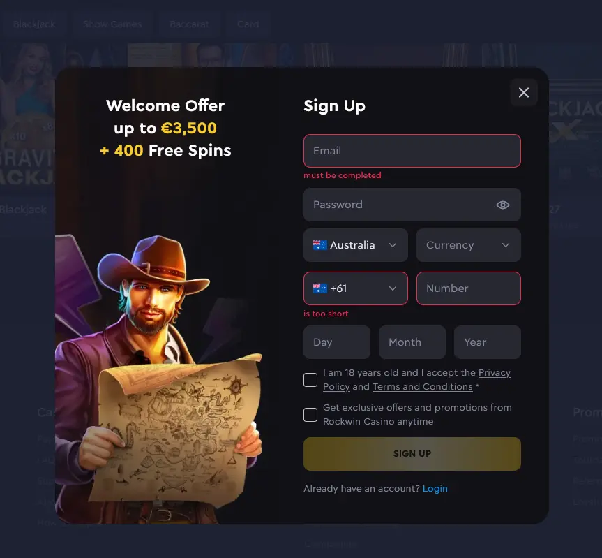 Rockwin account registration form for new Australian players